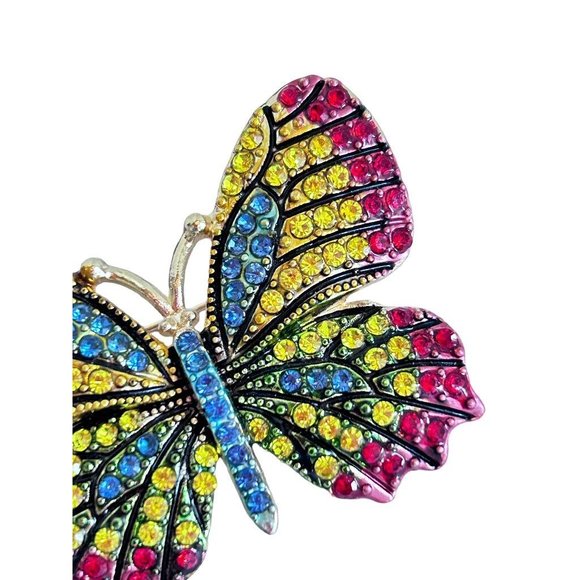 Bright Crystal Butterfly Brooch Pin Blue Yellow Red Goldtone Setting 1 7/8" - Picture 5 of 6
